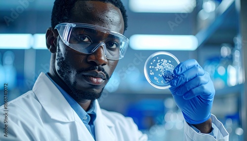 Close-up portrait of a focused African American male scientist wearing protective gear examining a petri dish in a laboratory setting with a blurred background.