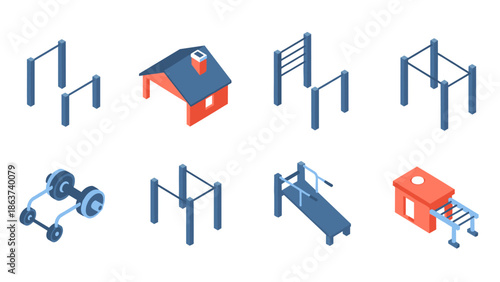 Isometric outdoor fitness equipment and buildings set