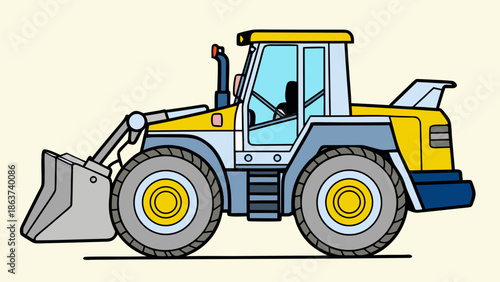 Vibrant yellow and gray front loader on cream background