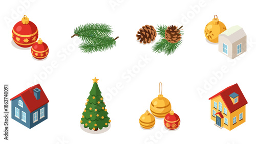 Festive christmas icons with pine branch, ornaments, and holiday houses in isometric style