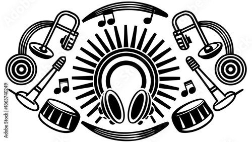 Vibrant music accessories with headphones and instruments