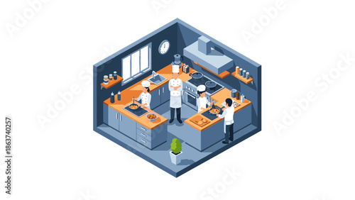 Isometric kitchen scene with chefs baking and cooking in modern interior