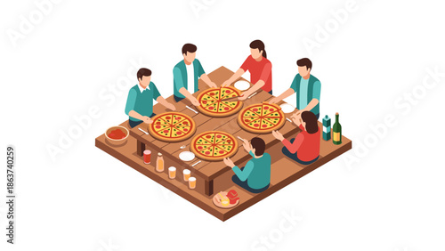 Isometric group dining with pizza in a casual setting