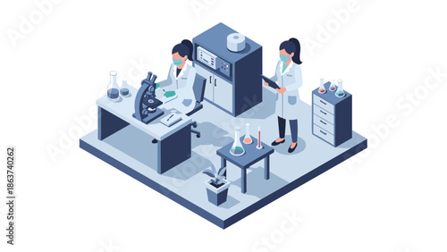 Isometric laboratory scene with scientists conducting experiments in modern research facility