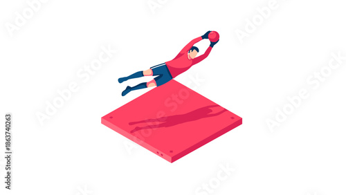 Isometric soccer goalie diving to catch ball with shadow effect on red platform