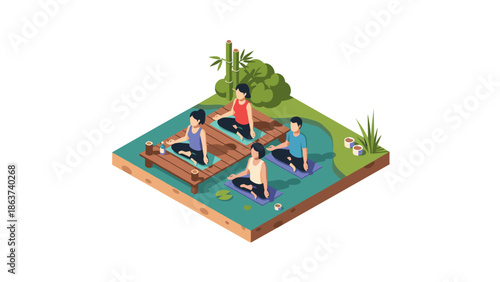Isometric yoga meditation class in tranquil outdoor zen garden setting