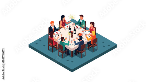 Festive group dining celebration in isometric style with food and drinks
