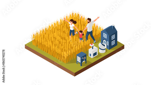 Family exploring wheat field with modern agricultural technology in isometric design