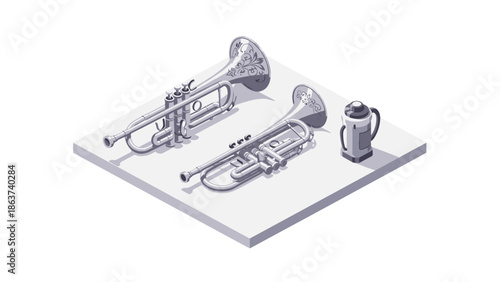 Vintage brass instruments and espresso maker on isometric display