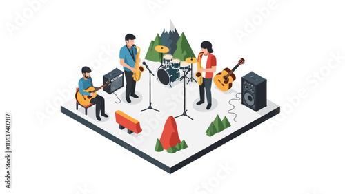 Isometric band rehearsal in nature scene with musical instruments and musicians