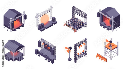 Isometric concert stages with lighting and crowd elements for event design