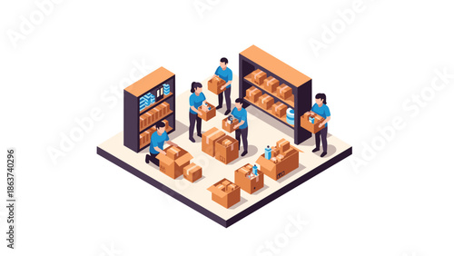Isometric warehouse team organizing inventory and stacking boxes on shelves