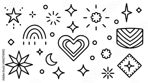 Whimsical doodle set with hearts stars and rainbows