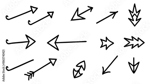 Hand drawn arrows in various styles and directions on white