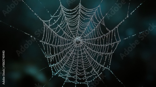 Close Up Of A Dew Covered Spider Web In Dark Forest At Night With Soft Bokeh Lights
