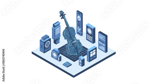 Isometric 3d violin surrounded by technology devices on grid platform