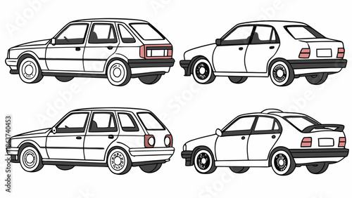 Four white cars in different angles on clean background