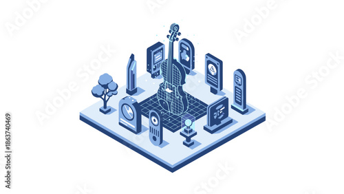 Isometric digital music hub with futuristic violin and technology elements