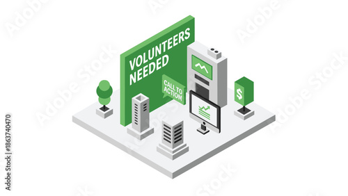 Isometric cityscape with volunteering call to action elements and digital billboards