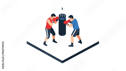 Isometric boxing training: two fighters sparring with punching bag in gym setting