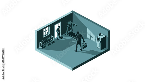 Fitness gym in isometric style with exercise equipment and active people