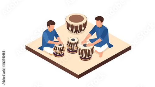 Isometric illustration of two men playing traditional indian tabla drums