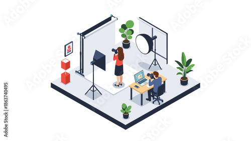 Professional photography studio scene with photographer and assistant in isometric design