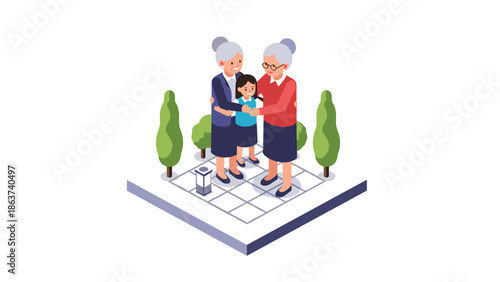 Family gathering in park isometric design: grandparents and child bonding outdoors