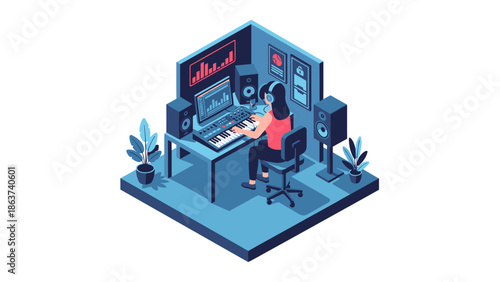 Music producer in home studio with modern equipment and digital sound technology