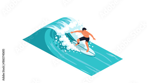 Surfer riding ocean wave: dynamic summer adventure in flat art style