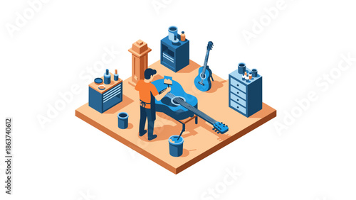 Isometric guitar workshop scene with craftsman building musical instrument