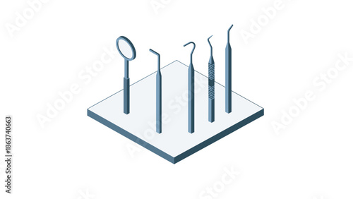 Isometric dental tools set: mirror, probe, scalpel, curette, and tweezers on stand