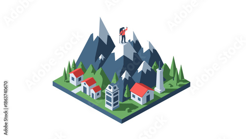 Isometric mountain landscape with hiker and village buildings