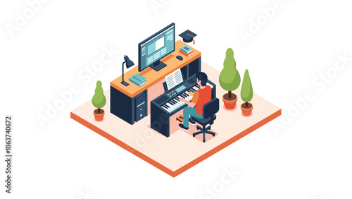 Isometric home music studio with digital keyboard and desktop computer setup