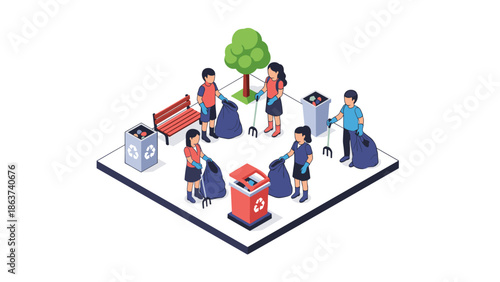 Community clean-up scene with volunteers collecting litter in isometric style