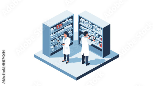 Isometric pharmacy scene with pharmacists organizing medicine shelves