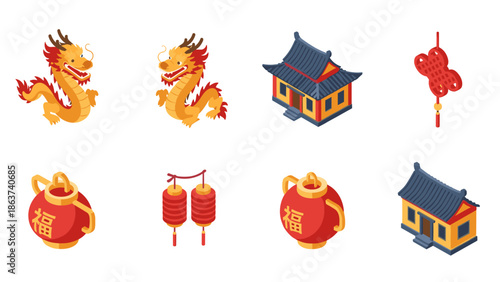Isometric traditional chinese new year icons: dragon, lanterns, and decorations