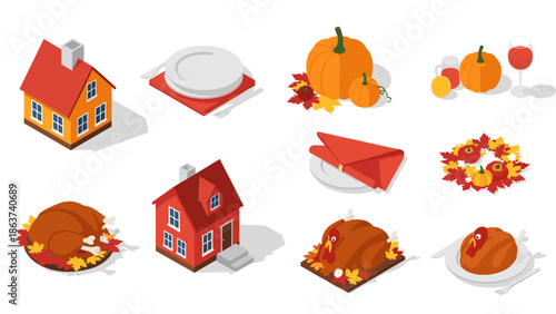 Isometric thanksgiving feast and autumn decor with pumpkin, turkey, and leaves