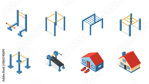 Isometric outdoor and home fitness equipment with minimalist houses