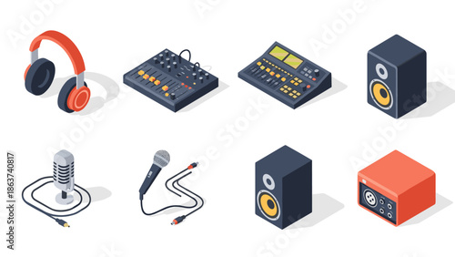 Audio equipment isometric set with speakers, microphones, and mixers on white background