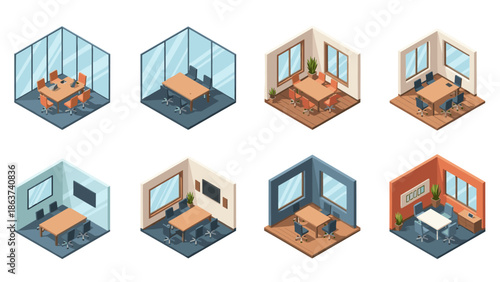 Modern isometric office interiors with meeting and workspaces in various styles