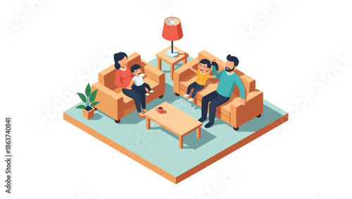 Cozy family time in isometric living room with parents and kids relaxing