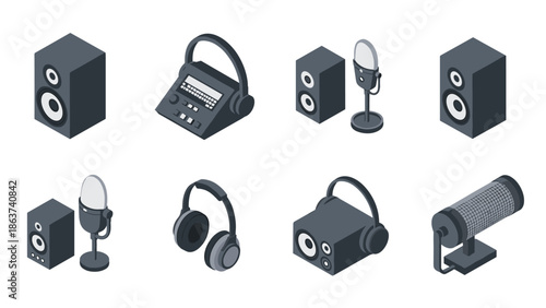 Isometric audio equipment collection: microphones, speakers, headphones, mixer