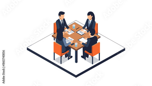 Isometric business meeting: diverse professionals collaborating around a table