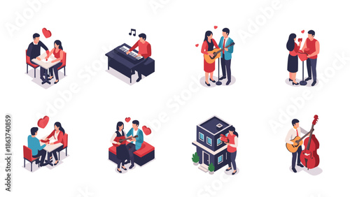 Isometric couple activities: dining, music, romance, and home moments