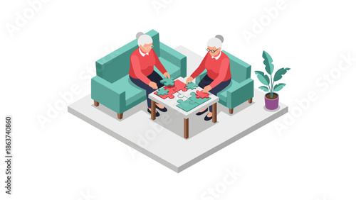 Elderly women solving puzzle together in cozy living room isometric art