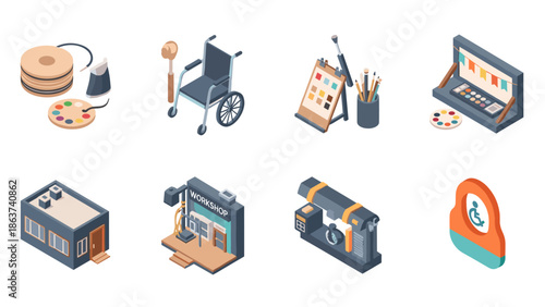 Isometric art tools and accessibility devices set for creative workshops