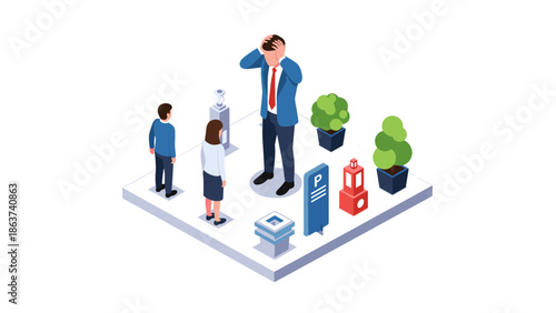 Frustrated businessman in parking lot isometric scene with children, plants, and signage