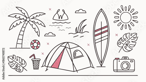 Vibrant beach vacation icons for travel and adventure planning