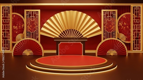Elegant stage design with red and gold elements for festive celebrations